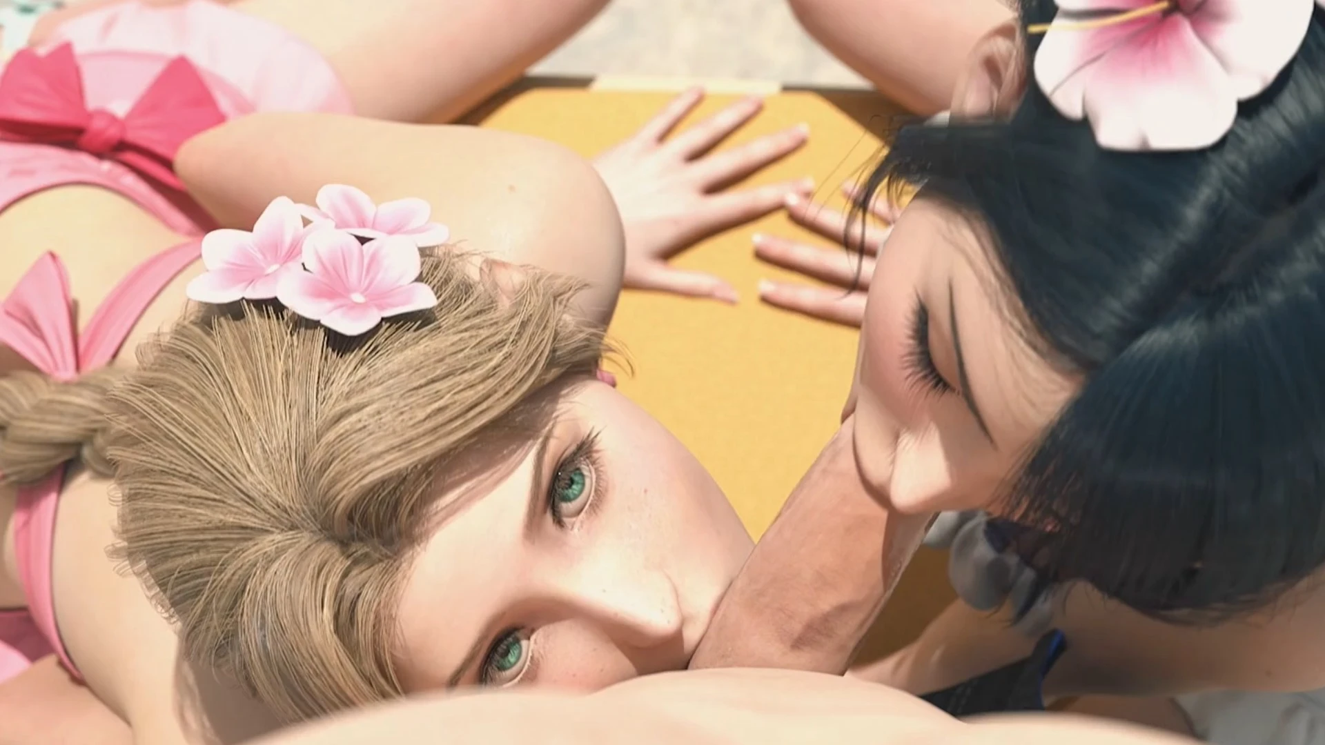 Aerith & Cloud Strife Tifa and Double Blowjob on Beach – 3D Hentai Short